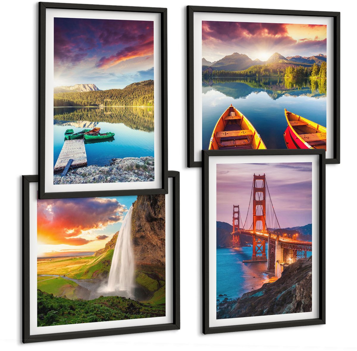 Tulup 4-Delige Schilderij Set - Uitzicht op de bergen met meren, boten, een brug en een waterval. - 40 x 40 cm en 40 x 60 cm - Wanddecoratie - Woonkamer Decoratie - Stijlvolle Muurdecoratie