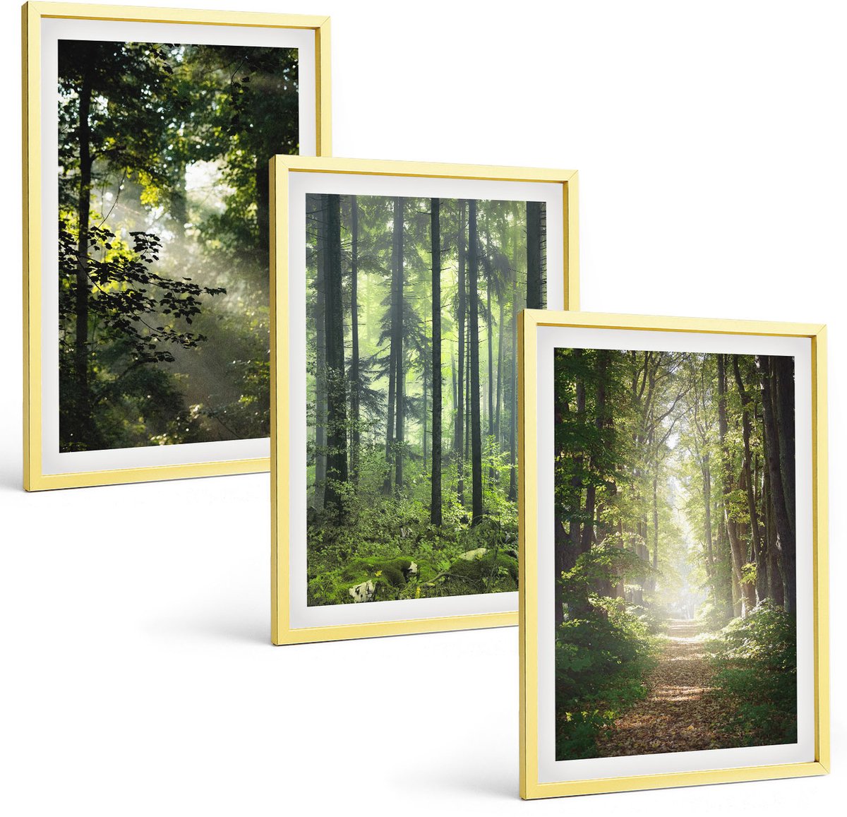 TULUP 4-Delige Schilderij Set - Groene bossen met zonnestralen en een bospad - 40 x 60 cm - Wanddecoratie - Muurdecoratie - Moderne Interieurdecoratie - Moderne Wanddecoratie Gouden lijst