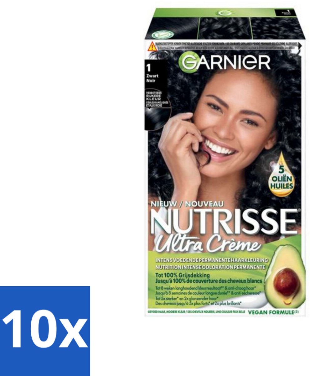 10 x Garnier - Nutrisse Ultra Crème 1 - Haarkleuring - Zwart - Intens Voedend - Permanente Kleur - Haarverf - Permanent Haarverf - Voedend Haarverf - Grijsdekking - Haarverf Zwart