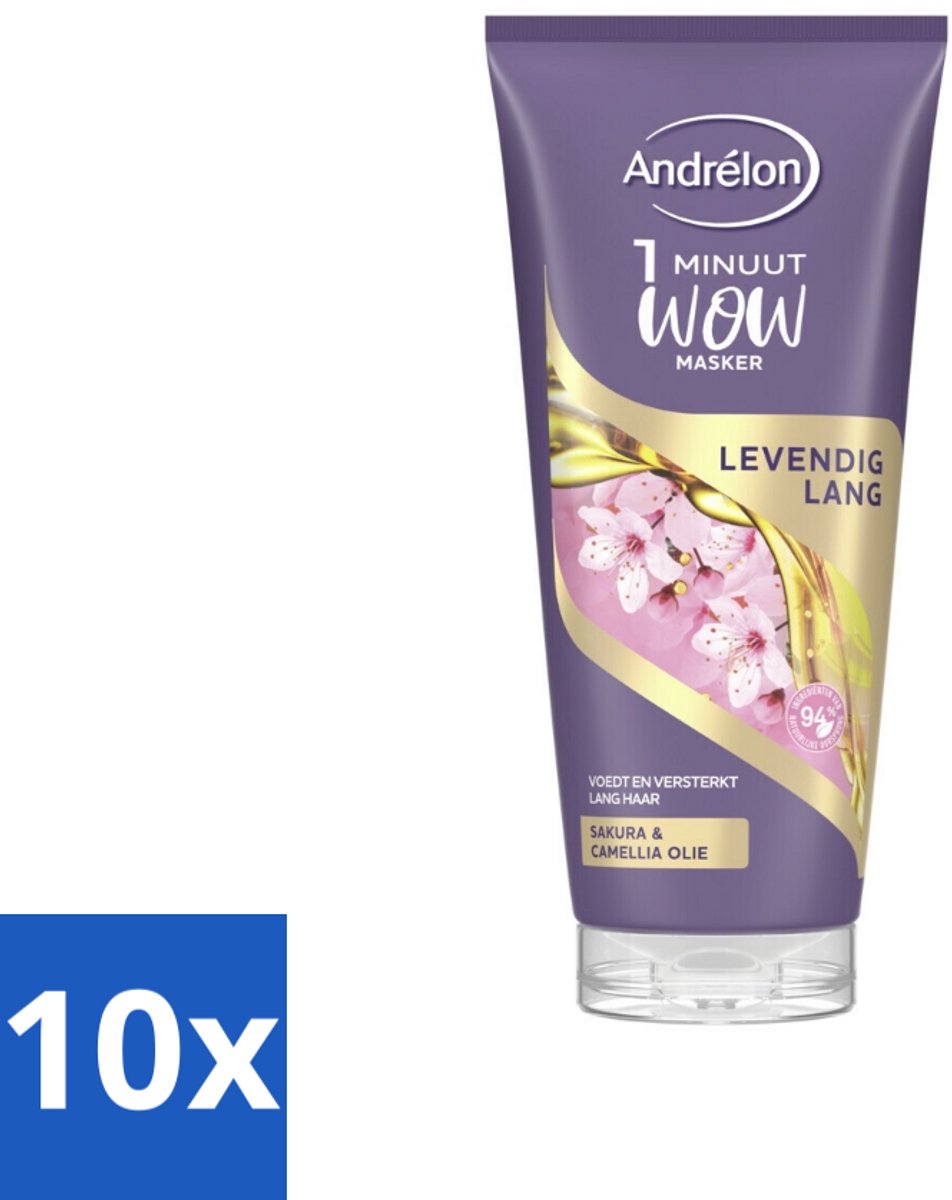 10 x Andrélon - WOW - Masker - Levendig Lang - 180 ml - Haarmasker - Lang Haar - Intensieve Verzorging - Sakura-olie - Camellia-olie