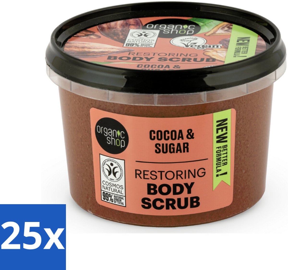25 x Organic Shop - Body Scrub Cocoa - Rijke Hydratatie - 250 ml - Bodyscrub - Cacaoscrub - Exfoliatie - Huidverzorging - Natuurlijke Scrub