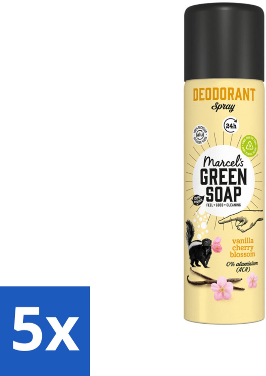 5 x Marcel's Green Soap - Deodorant Spray - Vanilla & Cherryblossom - Langdurige frisheid - 150 ml - Deodorant Spray - Vanille En Kersenbloesem - Geur - Frisheid - Gevoelige Huid