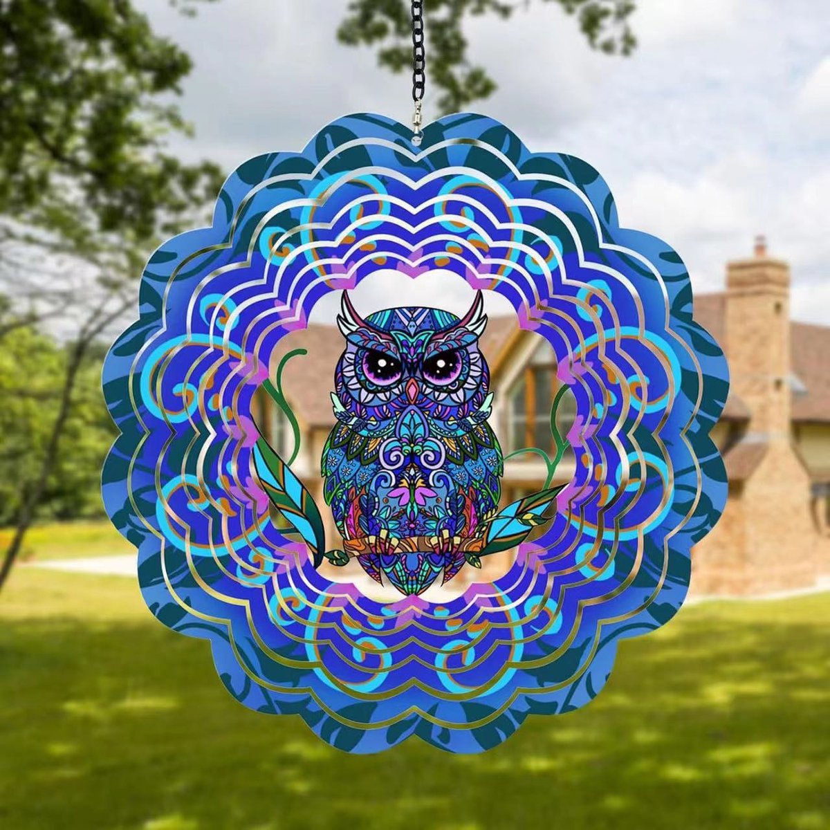 Uil windspinner, kleurrijk roestvrij staal, 3D tuin hangdecoratie, vogelverjager met draaibare haak,30cm