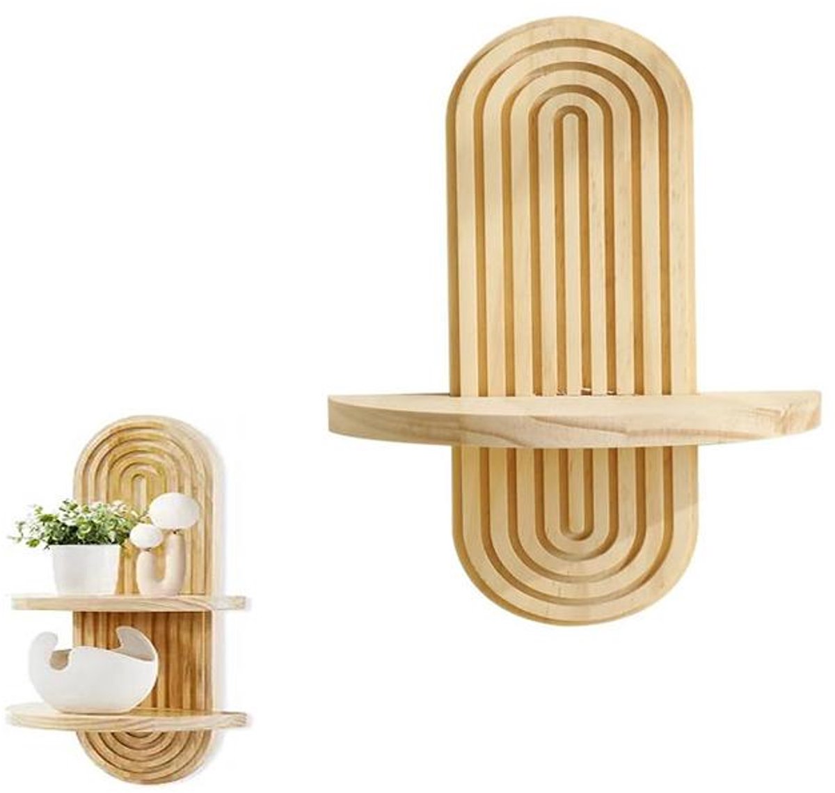 KZQ Wandplank hout - Dubbele laag zwevende houten plank, natuurlijk Boho design - Voor sleutels, planten en foto's -35 21.5 cm"
