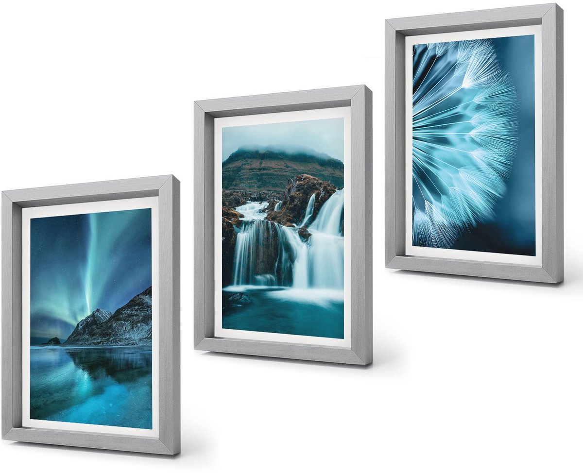 Coloray 4-Delige Schilderij Set - Winterlandschappen met watervallen en het noorderlicht - 20 x 30 cm - Muurdecoratie - Schilderijen Set - Woonkamer - Interieur Decoratie Zilveren lijst