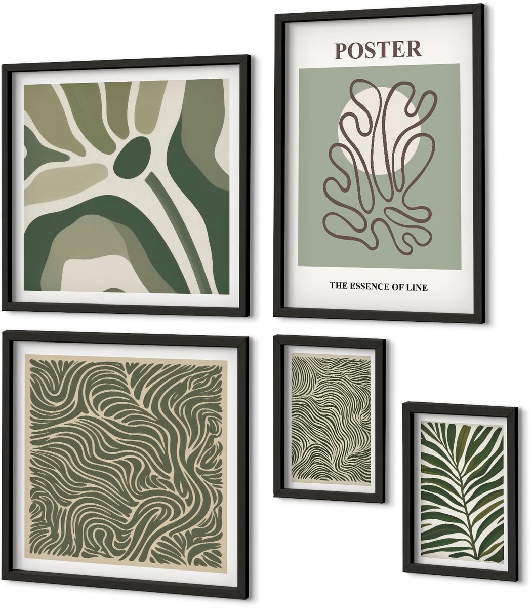 Coloray 5-Delige Schilderij Set - Abstracte Vormen En Plantmotieven In Boho-Stijl - 50 x 50 cm, 20 x 30 cm En 40 x 60 cm - Stijlvolle Muurdecoratie - Kantoor