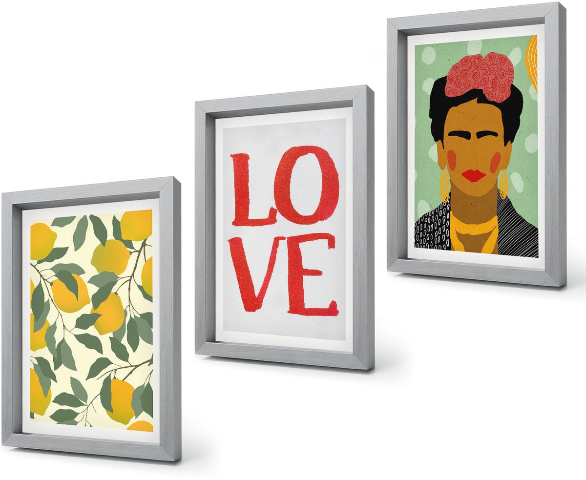 Coloray 4-Delige Schilderij Set - Citroenen Liefde Lettering Geschilderd Portret van Frida Kahlo - 20 x 30 cm - Stijlvolle Wanddecoratie - Interieur Zilveren lijst