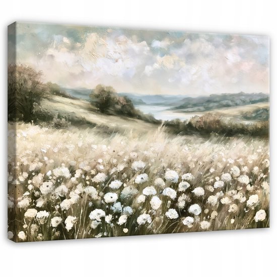 Canvas schilderij met een impressionistisch landschap van witte bloemen in een veld onder een bewolkte lucht.