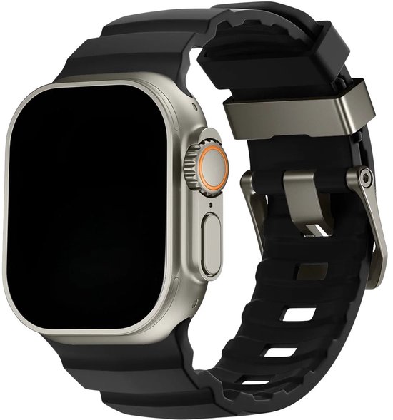 Zwarte siliconen smartwatchband met zilveren kast en een oranje knop.