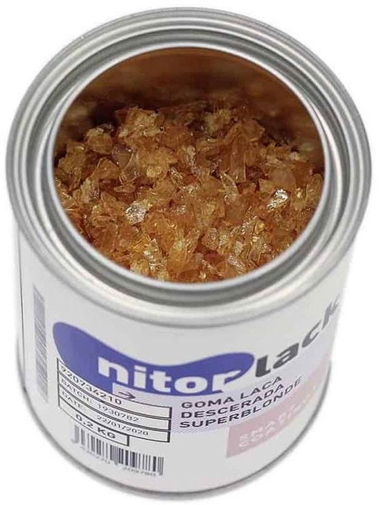 Blik met NitorLACK Superblonde schilferlak, 0.2 kg.
