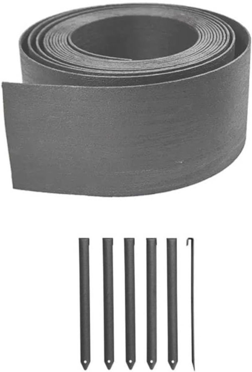 Flexibele tuinrand 9 cm hoog - antracietgrijs - van PE en houtvezels - eenvoudig te installeren met haringen - ShopVlot