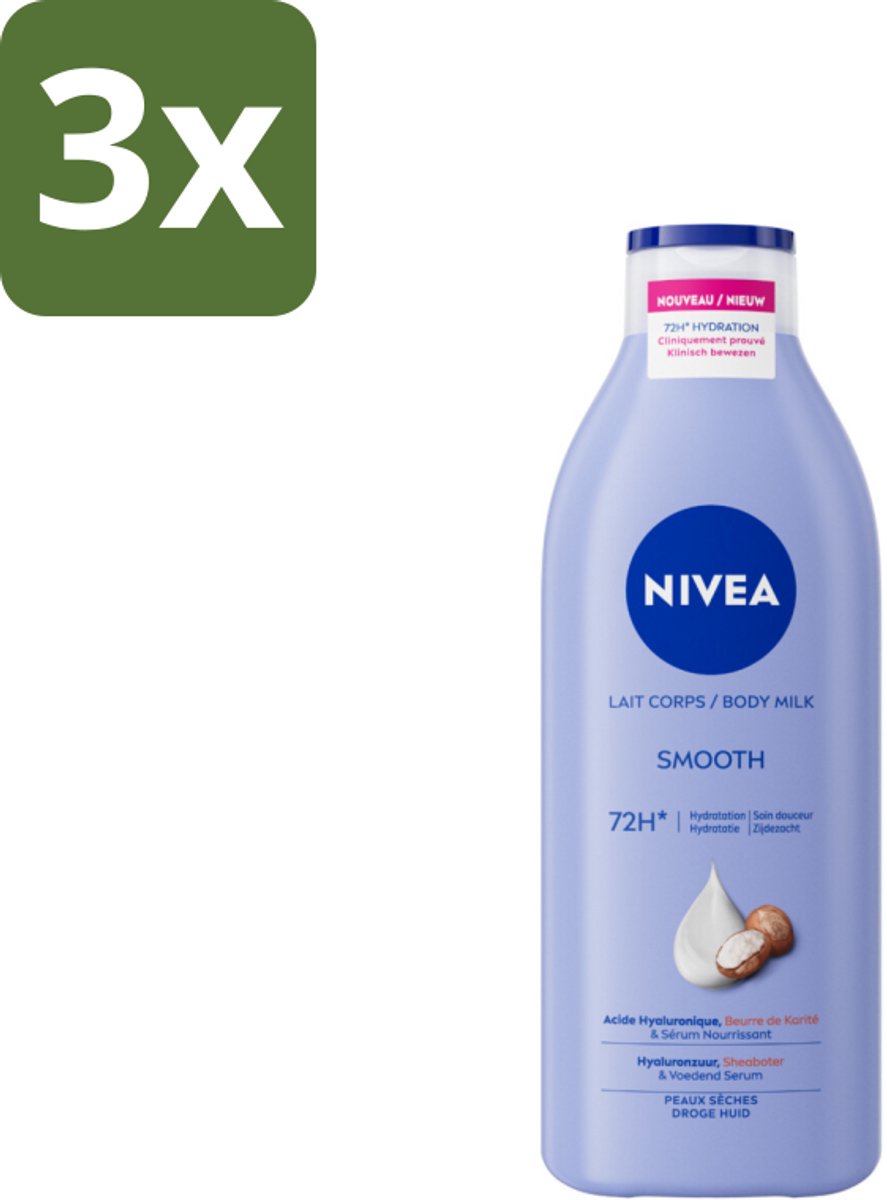 Nivea - Smooth Body Milk - Sheaboter - 72 uur Hydratatie - Voor Droge Huid - 400 ml - Bulkverpakking - 3 stuks