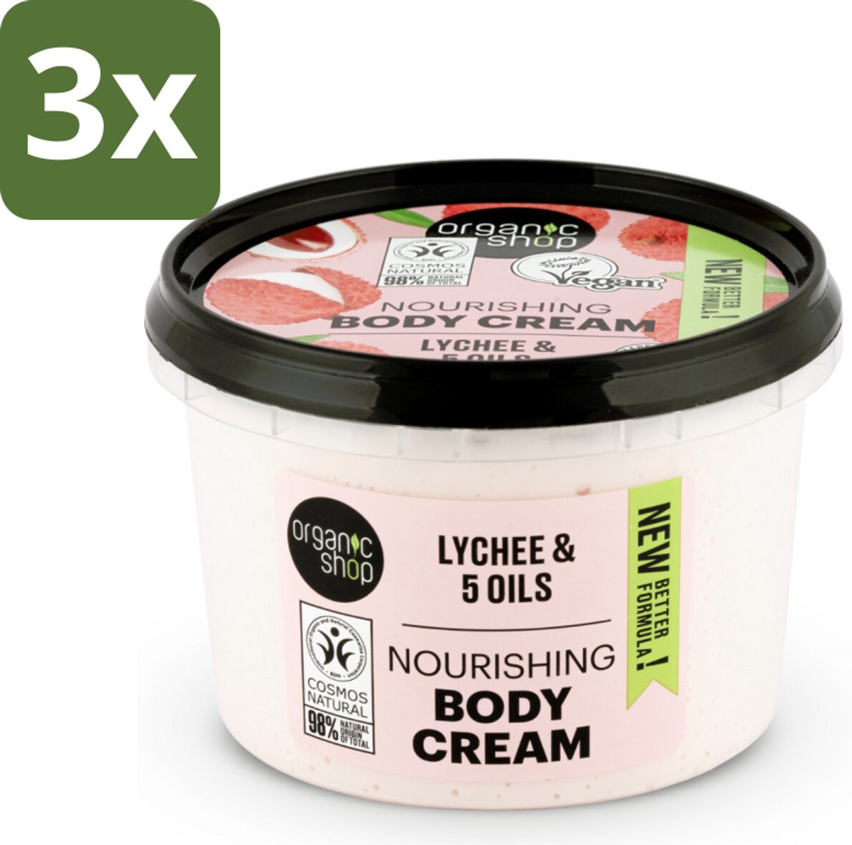 Organic Shop - Nourishing Body Cream Lychee - Hydraterend en Voedend - 250 ml - Bulkverpakking - 3 stuks