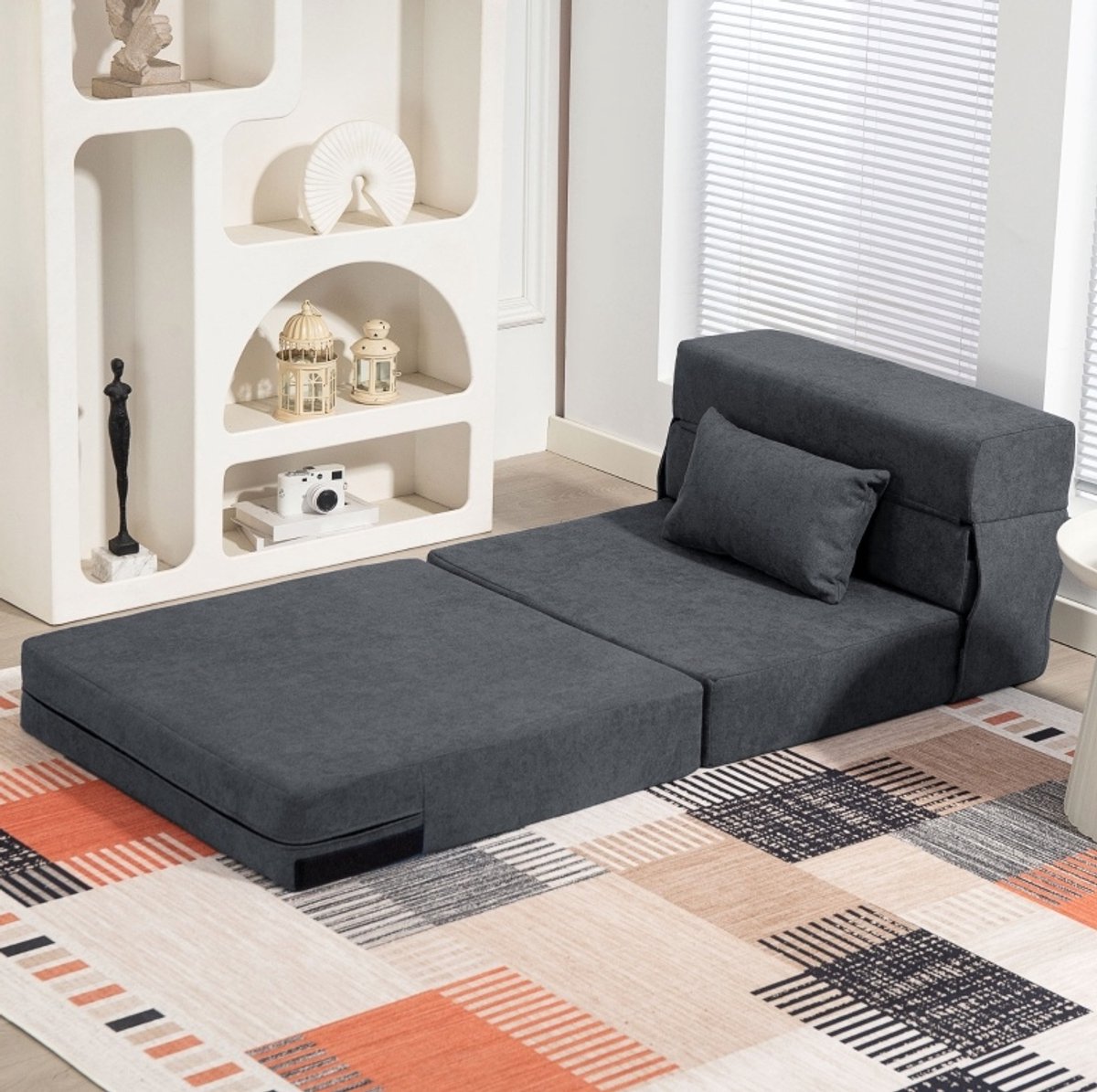 MODENUIT Chaise Longue 210 x 80 x 64 cm - 3-in-1 Opvouwbaar - Woonkamer En Logeerkamer - Stof - Donkergrijs