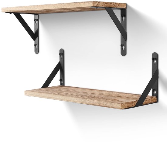 Set van twee houten wandplanken met een natuurlijke houtnerf en zwarte metalen driehoekige beugels.