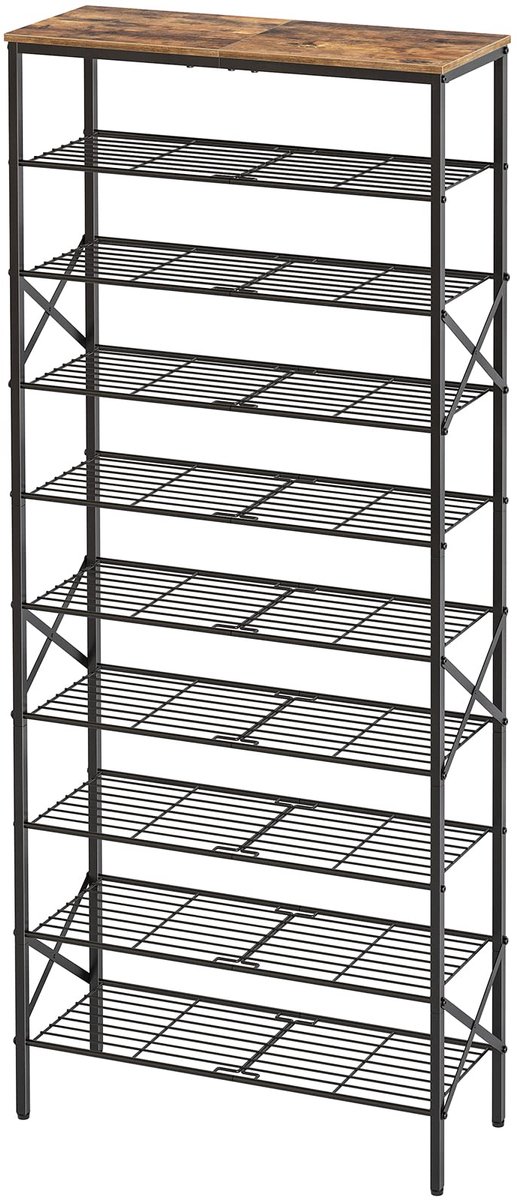 Famanu – Hoog schoenenrek met 10 niveaus, grote capaciteit voor 40 paar schoenen, metalen frame, voor entree en hal, vintage bruin en zwart