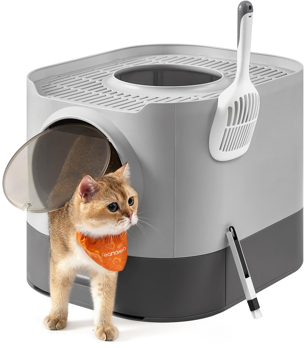 Famanu – Kattenbak XXL met deksel, uitschuifbare bak, schep en borstel voor eenvoudige reiniging