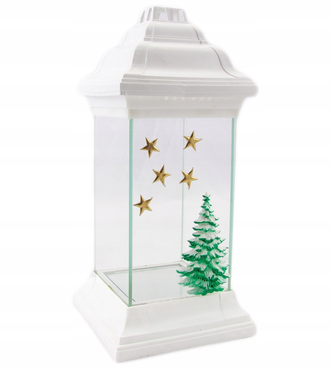 Kerstmis Lantaarn met Kerstboom - Wit, Glas en Kunststof