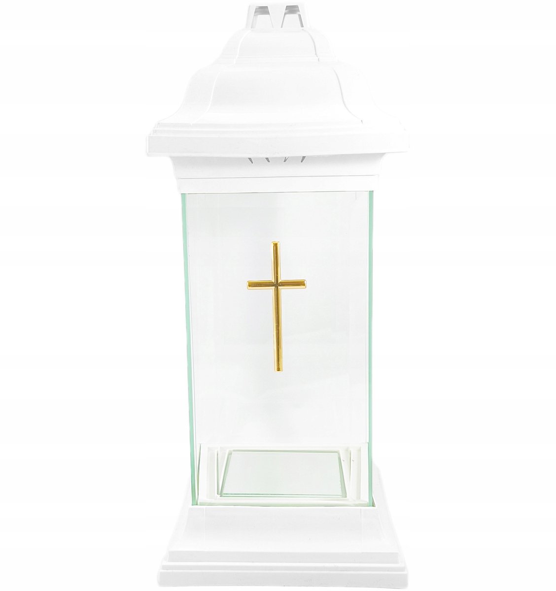 Grote Witte Glazen Grafkapel Lantaarn met Kruis - 39 cm