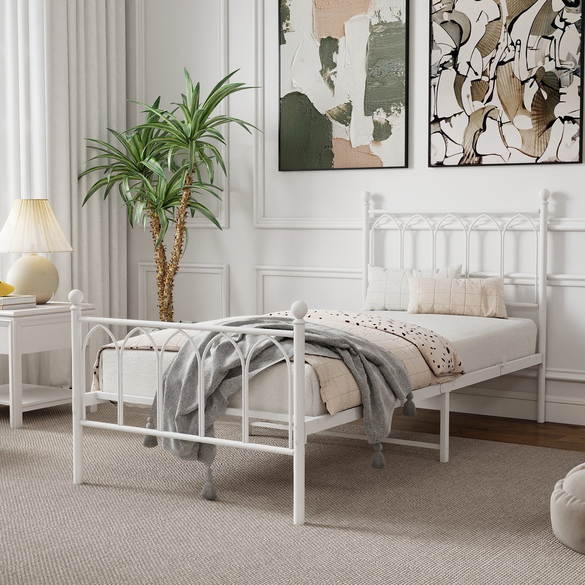HAUSS SPOLE Jeugd bed 90 x 200 cm met metalen frame, hoofdbord en opbergruimte, Wit Metaal