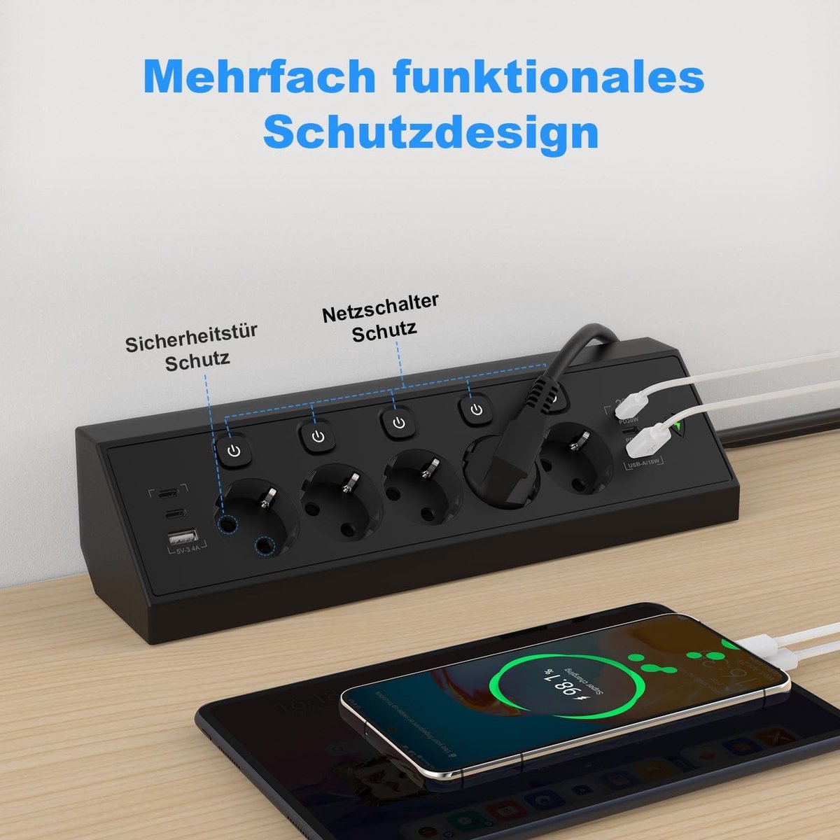 Hoekstopcontact met USB C - Zwart - 1,8 m - Meervoudig Stopcontact met Schakelaar en Overbelastingsbeveiliging - Voor Keuken en Kantoor