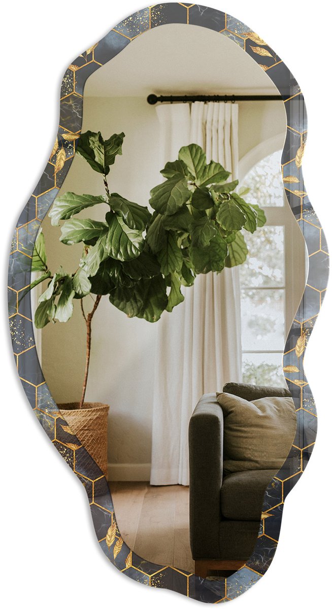 TULUP Geometrisch Patroon Spiegel - Marine Stijlvolle Wandspiegel - Organische Spiegel - Woonkamer, Badkamer, Kantoor - Geometrisch - 45x90 cm - Totale afmeting 52x97 cm Geometrisch Patroon, Marineblauw