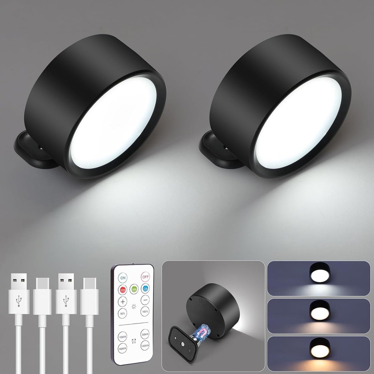 Stekkerlampje - Zwart - Draadloze Oplaadbare LED Wandlamp met 360° Rotatie en Afstandsbediening - Voor Binnengebruik