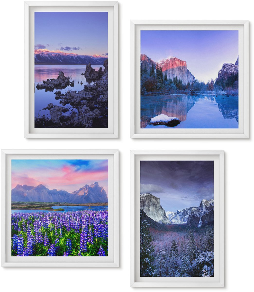 Wallfluent 4-Delige Schilderij Set - Berglandschappen Met Water, Lucht En Bloemenvelden - 40 x 40 En 40 x 60 - Stijlvolle Wanddecoratie - Interieur - Decoratieve Schilderijen