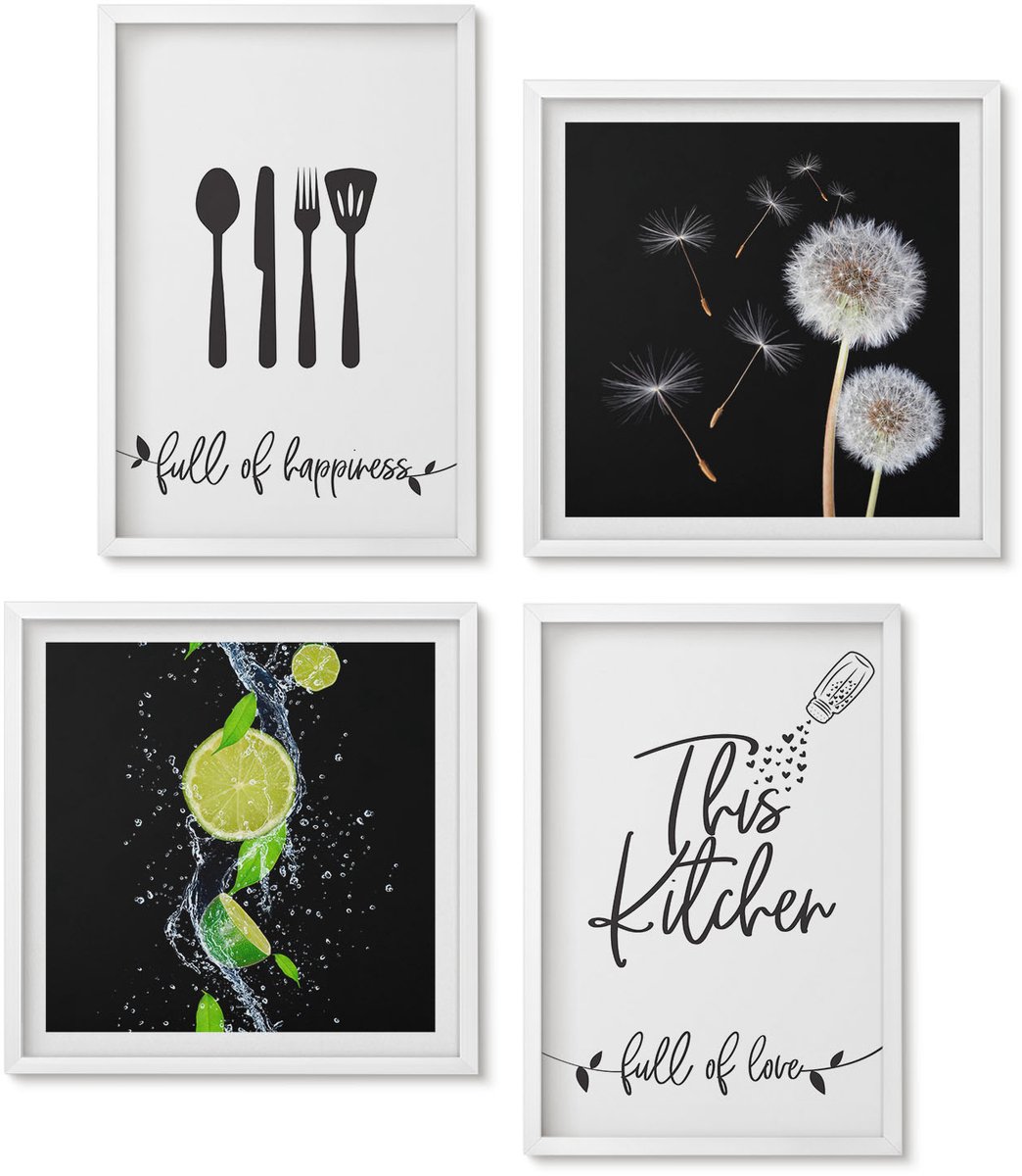 Wallfluent 4-Delige Schilderij Set - Paardenbloemen Sappige Limoenen Keukenopschriften - 40 x 40 En 40 x 60 - Wanddecoratie - Schilderijen Set - Kantoor - Stijlvolle Muurdecoratie