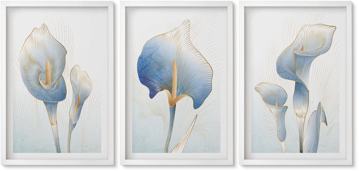 Wallfluent 3-Delige Schilderij Set - Fijne Blauwe Bloemen Op Een Lichte Achtergrond - 40 x 60 - Wanddecoratie - Muurdecoratie - Woonkamer