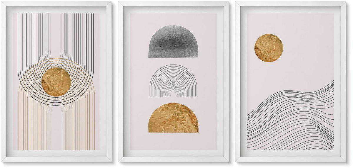 Wallfluent 3-Delige Schilderij Set - Abstracte Vormen En Lijnen In Beige En Grijze Tinten. - 40 x 60 - Decoratieve Muurdecoratie - Slaapkamer - Stijlvolle Muurdecoratie