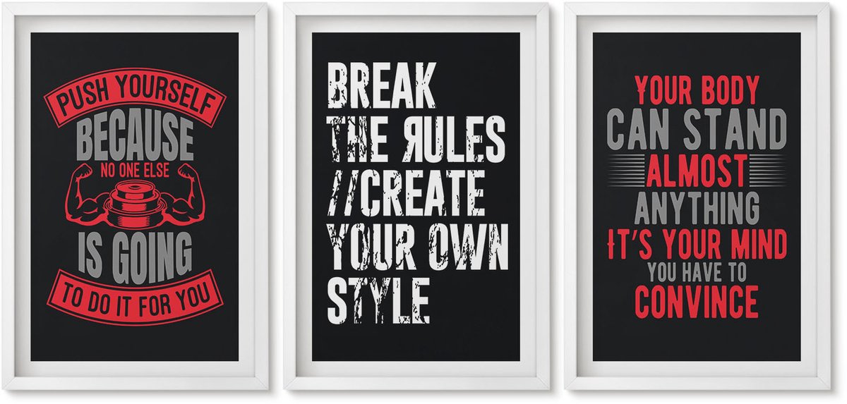 Wallfluent 3-Delige Schilderij Set - Motivatieslogans Voor Training En Zelfontwikkeling - 40 x 60 - Wanddecoratie - Woonkamer Decoratie - Interieur Decoratie