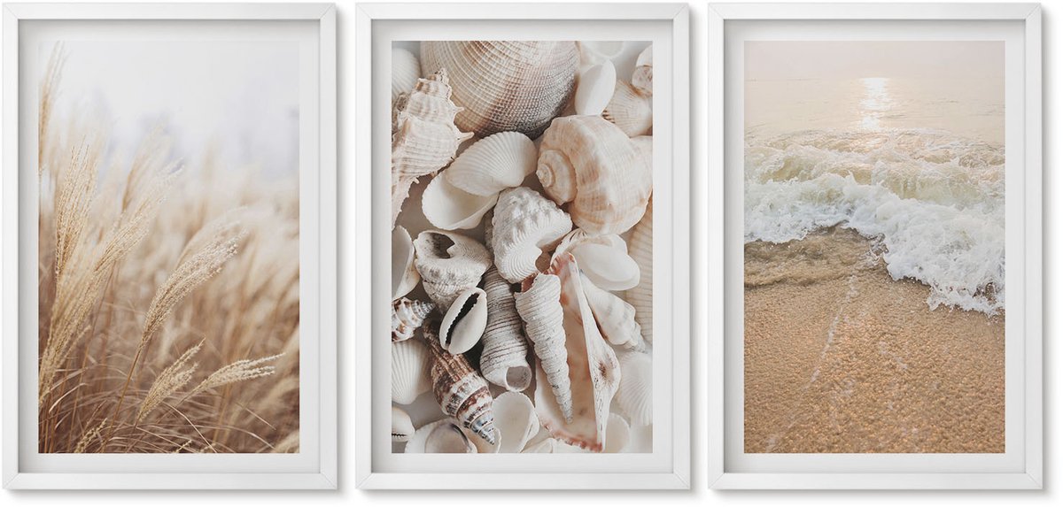 Wallfluent 3-Delige Schilderij Set - Strandthema Met Schelpen En Zeegolven - 40 x 60 - Wanddecoratie - Moderne Interieurdecoratie - Moderne Wanddecoratie