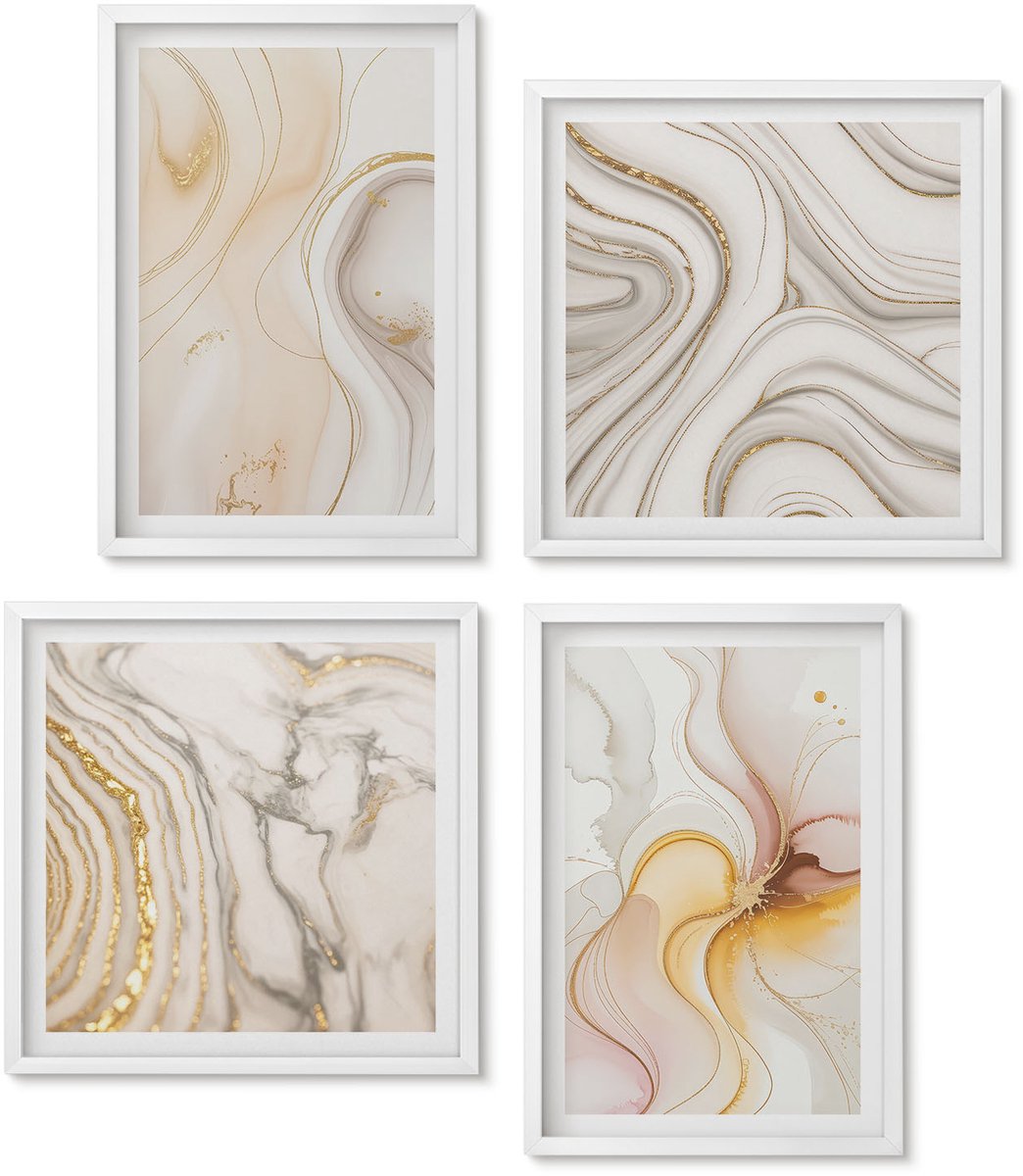 Wallfluent 4-Delige Schilderij Set - Abstracte Warme Patronen, Elegante Motieven - 40 x 40 En 40 x 60 - Decoratieve Muurdecoratie - Slaapkamer - Wanddecoratie