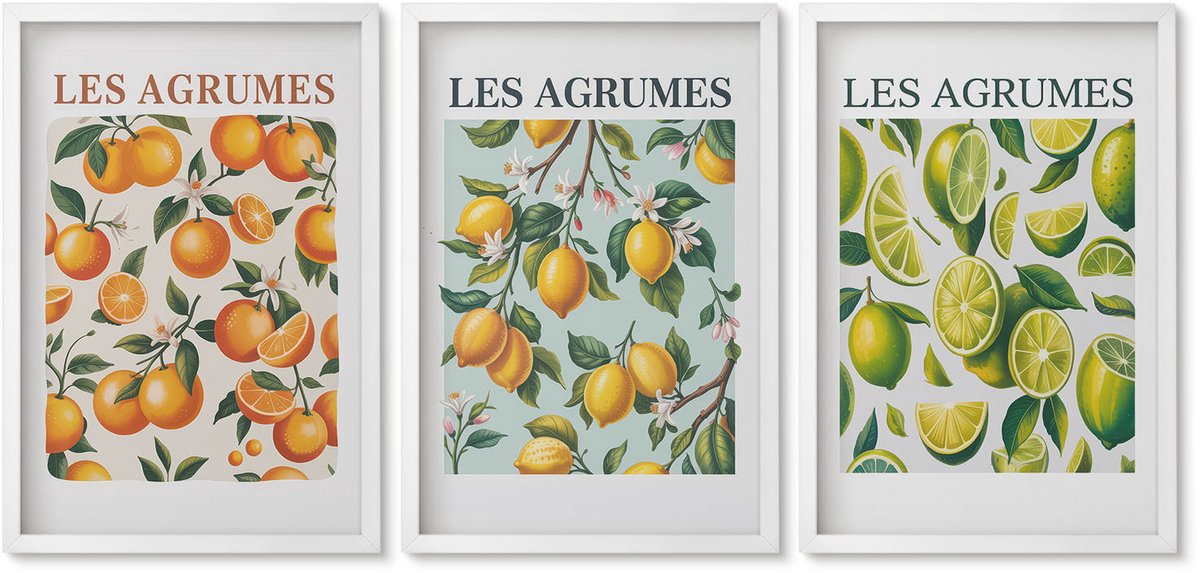 Wallfluent 3-Delige Schilderij Set - Fruitige Citruspatronen In Pastelkleuren - 40 x 60 - Muurdecoratie - Wanddecoratie - Slaapkamer - Decoratieve Schilderijen