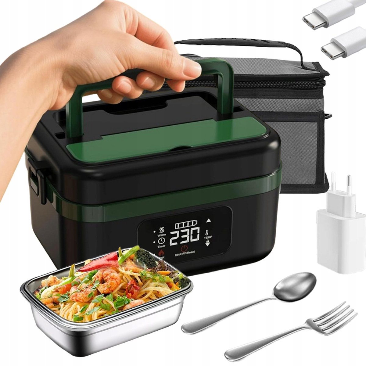 Elektrische Lunchbox - Verwarmde Bento Box - Thermos Lunchbox - 1000 ml - 60W Snel Verwarmend - 6 Temperatuurstanden - Voorverwarmen - ook Powerbank - met Isolatietas - Draagbare Broodtrommel - Voor Kantoor & School & Auto - Zwart en Groen — cadeau in Kookcadeaus - foto 7
