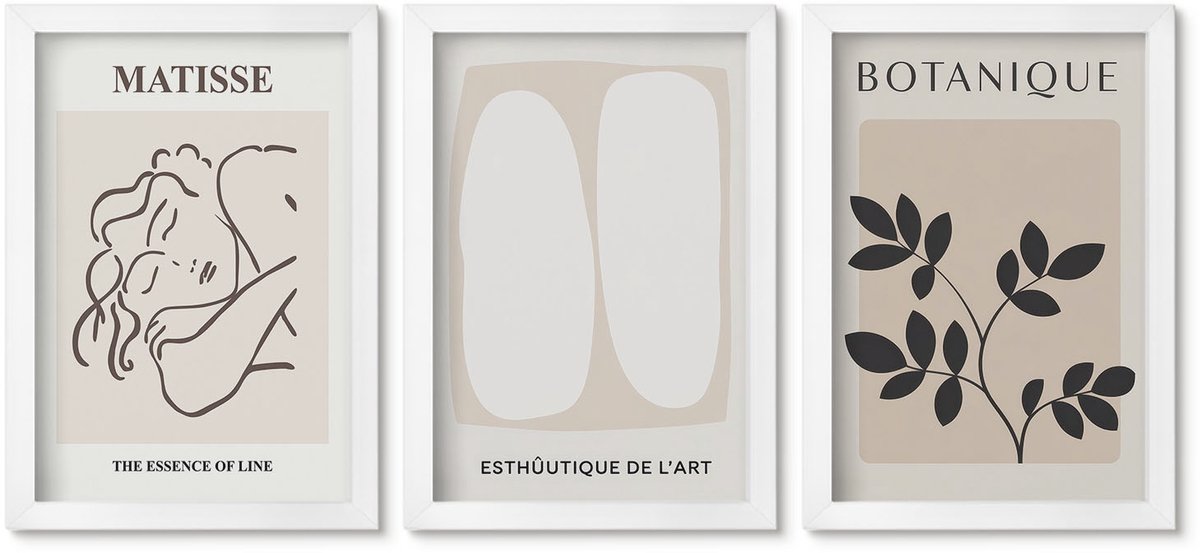 Wallfluent 3-Delige Schilderij Set - Stijlvolle Minimalistische Schilderijen Met Plantmotieven Van Matisse - 20 x 30 - Stijlvolle Wanddecoratie - Interieur - Decoratieve Schilderijen