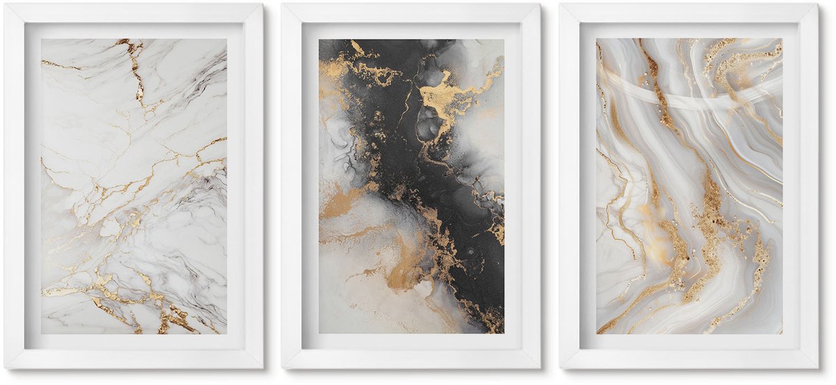 Wallfluent 3-Delige Schilderij Set - Abstracte Patronen In Zwart-Wit Tinten - 20 x 30 - Decoratieve Schilderijen - Wanddecoratie - Hal
