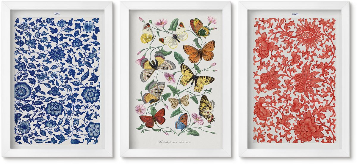 Wallfluent 3-Delige Schilderij Set - Vintage Posters Met Bloemen, Vlinders En Ornamenten - 20 x 30 - Wanddecoratie - Woonkamer Decoratie