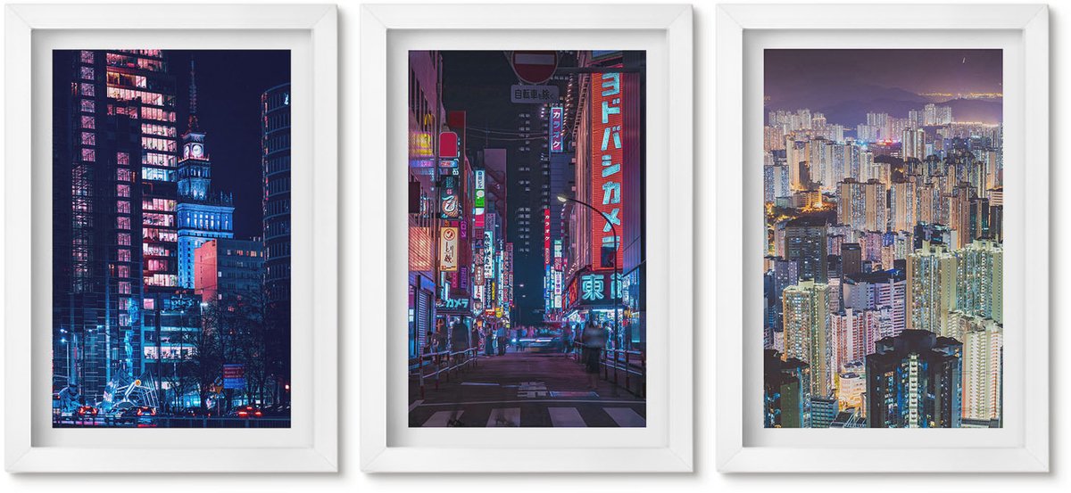 Wallfluent 3-Delige Schilderij Set - Nachtelijke Stadsgezichten Met Neonlichten - 20 x 30 - Moderne Wanddecoratie - Slaapkamer - Stijlvolle Muurdecoratie