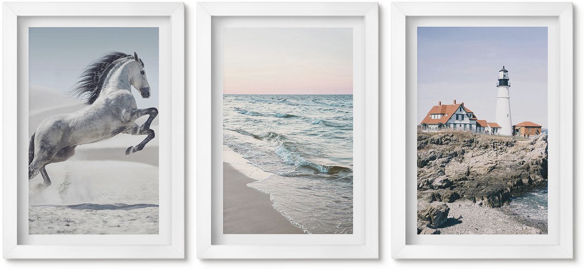 Wallfluent 3-Delige Schilderij Set - Paarden In Beweging, Strand En Vuurtoren, Watergolven - 20 x 30 - Stijlvolle Muurdecoratie - Slaapkamer - Moderne Wanddecoratie