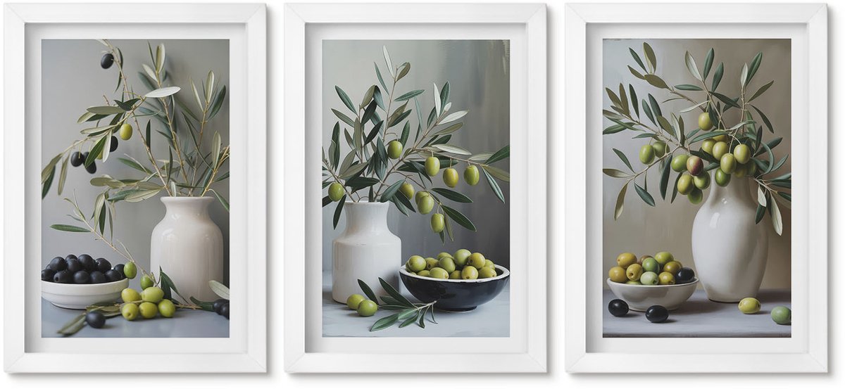 Wallfluent 3-Delige Schilderij Set - Olijven In Vazen ​​Met Takken Op Een Grijze Achtergrond - 20 x 30 - Stijlvolle Muurdecoratie - Kantoor - Moderne Wanddecoratie