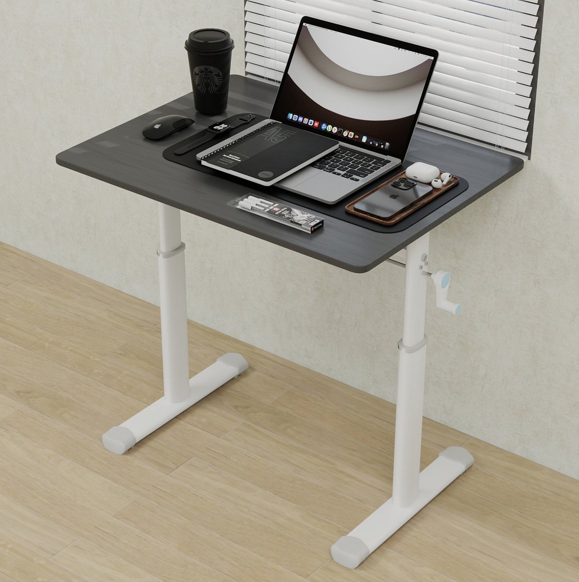 Bureau Handmatig Verstelbaar Hoogteverstelbaar Bureau – 80 X 60 Cm – Metaal En Hout – Grijs – Voor Thuiswerk En Studie