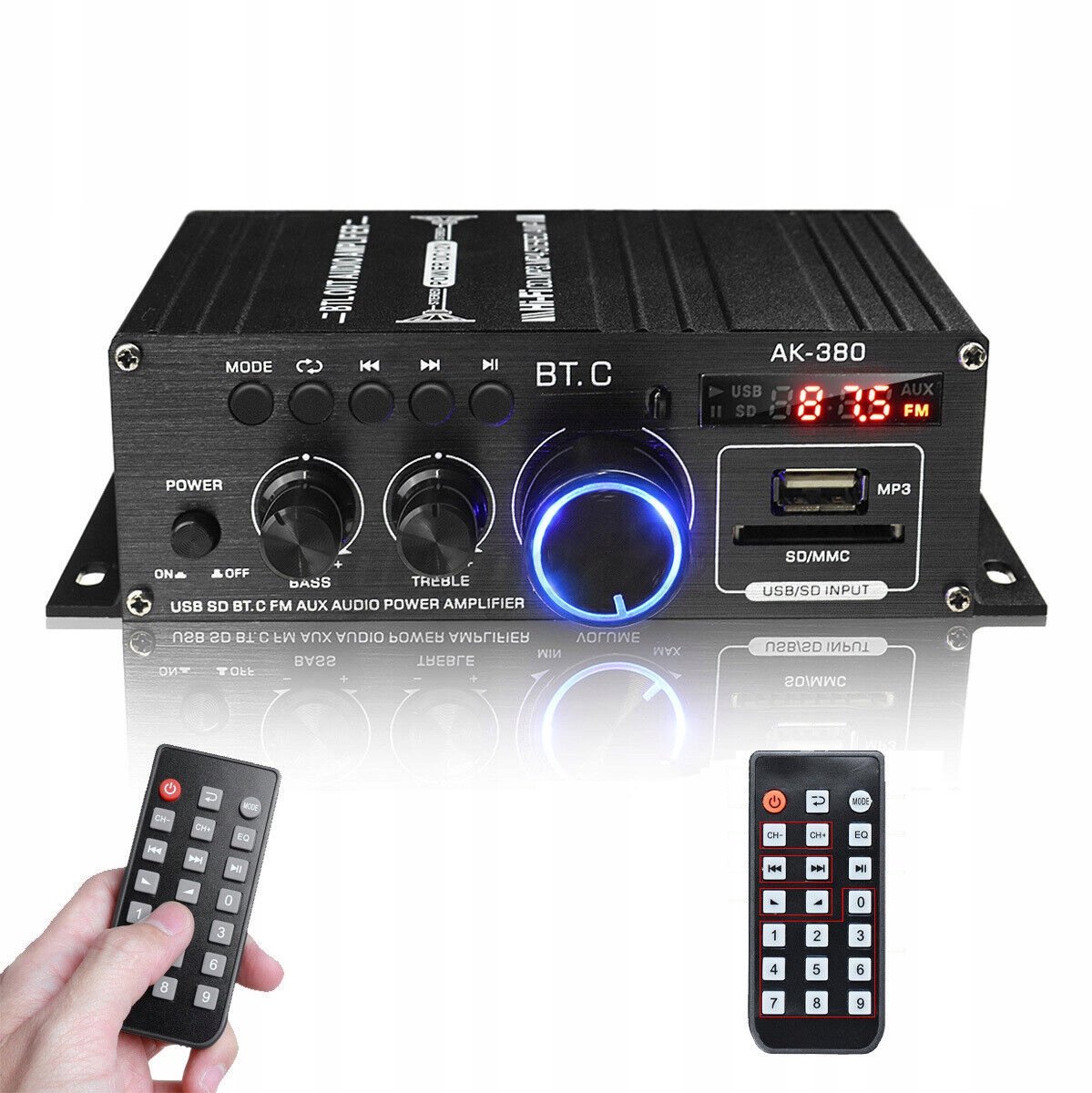 Bluetooth Versterker - AK-380 Mini Stereo Versterker 2.0 - 40W Vermogen - FM-Radio - USB/SD/TF en AUX/RCA Ingangen - Bass- en Trebleregeling met Afstandsbediening - Voor Thuis, Auto en Garage