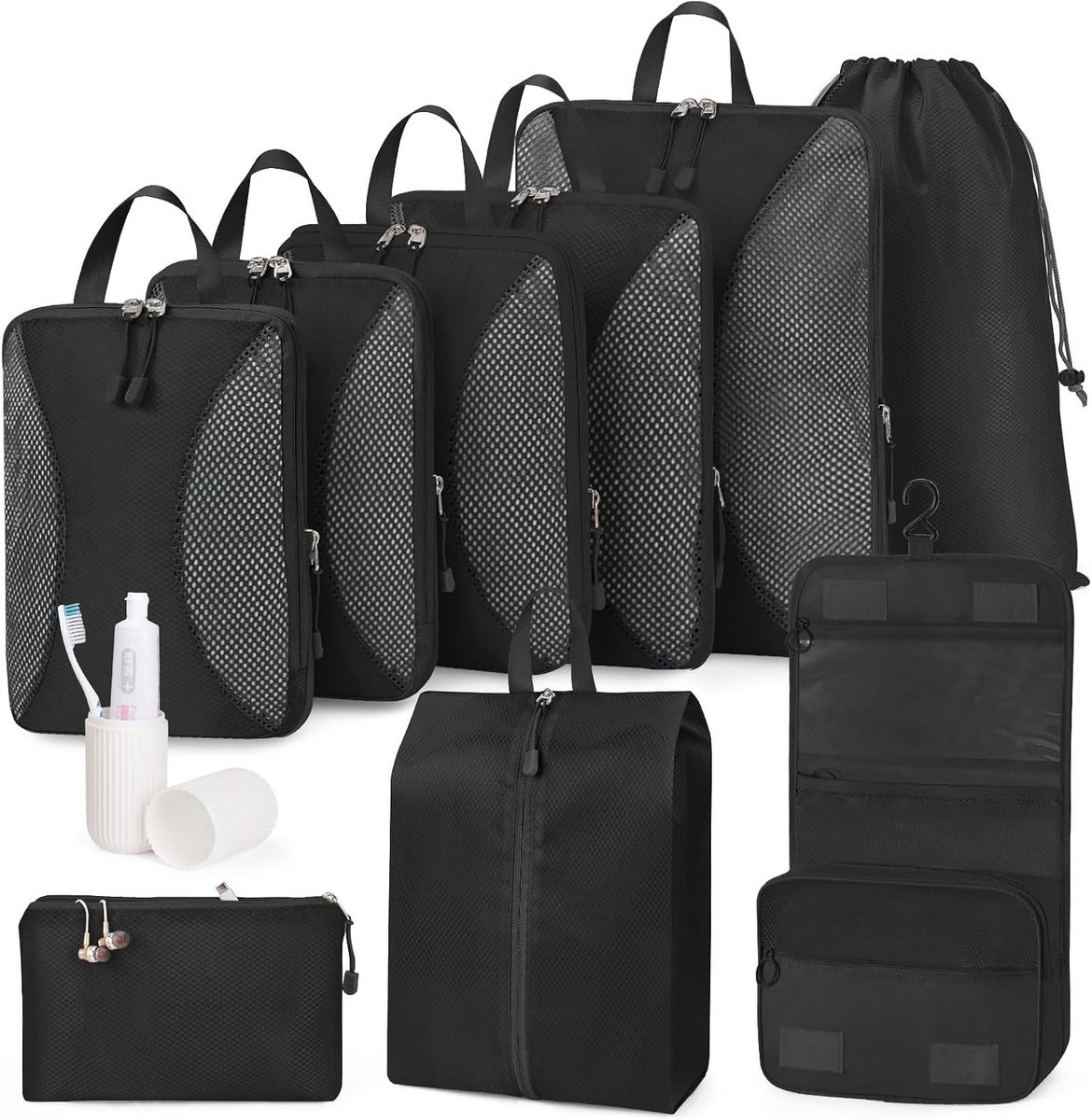 Reisorganizers - Zwart - 10-delige set - Comprimeerbare Blokken voor Bagage - Voor Vakanties en Reizen