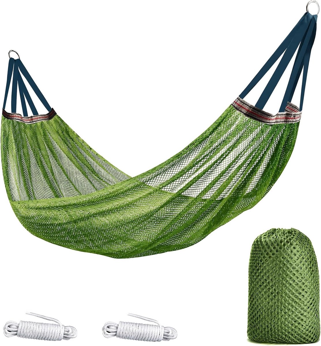 Groene hangmat, outdoor net, 260 x 130 cm, ademend en comfortabel, kantelveilig met hoog draagvermogen, eenvoudige - ShopVlot