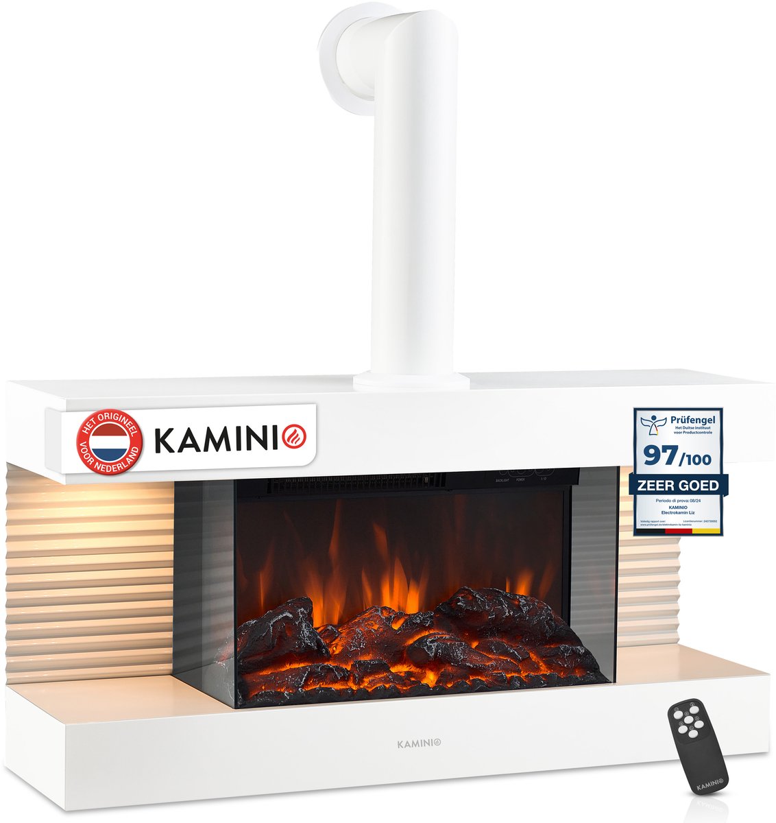 KAMINIO Elektrische haard LIZ met rookafvoerbuis - Elektrische wandhaard met verwarming, 3D-vlameffect, LED-sfeerverlichting, afstandsbediening - Wit