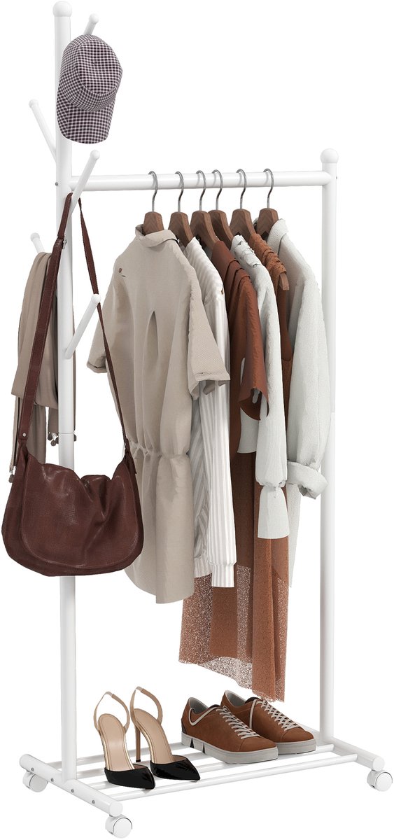 TEKROA® Kledingrek - kapstok op wielen met schoenenplank en 5 haken - 68 x 43 x 171 cm - wit