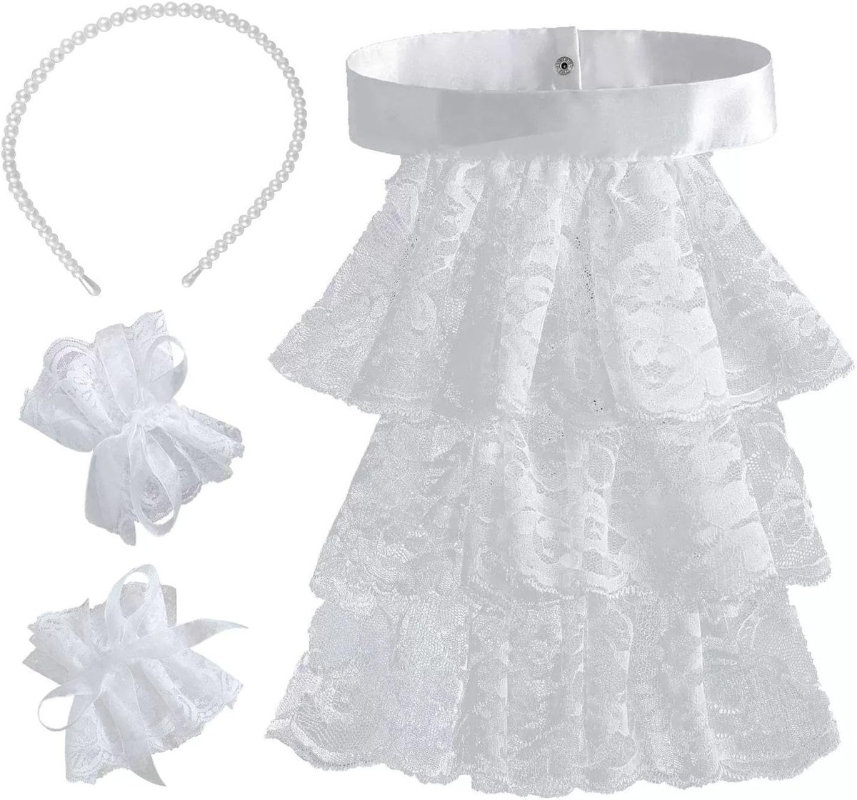 1 piece lace collar, 1 pair of lace sleeves, 1 piece pearl headband, white dress decoration, creative clothing - ShopVlot