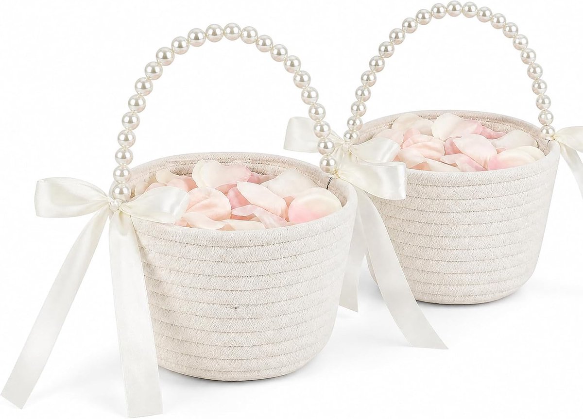 Bruiloftsmanden set van 2 - handgemaakte katoenen touw - parelhandvat - elegant voor bloemenmeisjes - ShopVlot